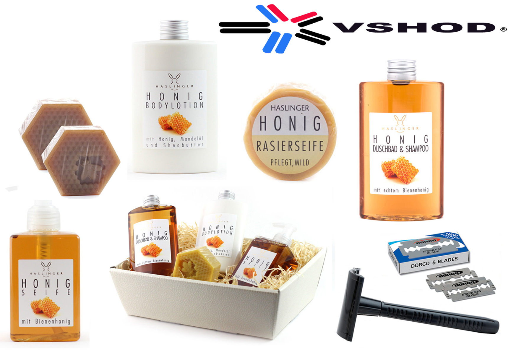 HASLINGER - HONIG ( HONEY ) - DORCO SHAVING SET WITH A DORCO PL-602 ADJUSTABLE SAFETY RAZOR - AUSTRALIA