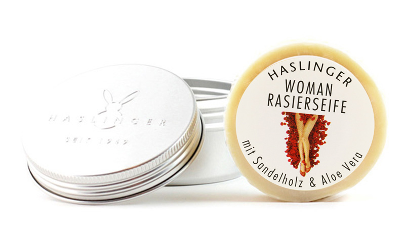 HASLINGER RASIERSEIFE - WOMEN'S SHAVING SOAP " WOMAN " With SANDALWOOD AND ALOE VERA/ IN A METAL CONTAINER - 63G - AUSTRALIA